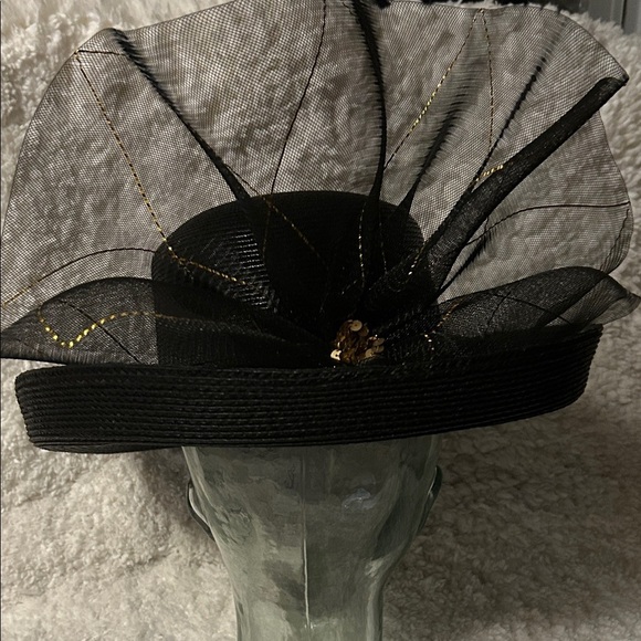 Elegant Black straw Hat with Gold Sequin Band and netting. main image 5